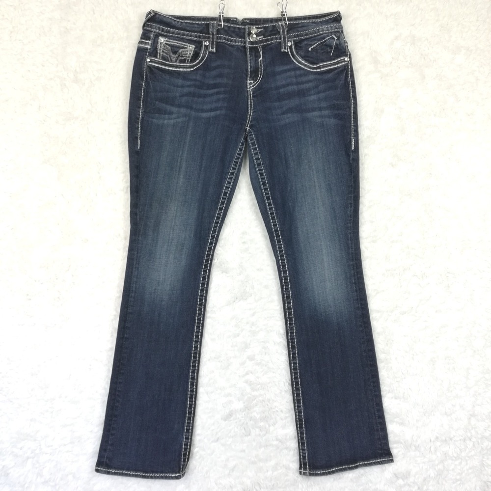 Vigoss Womens Jeans Chelsea Slim Boot Cut Blue Denim Dark Wash Whiskering 16